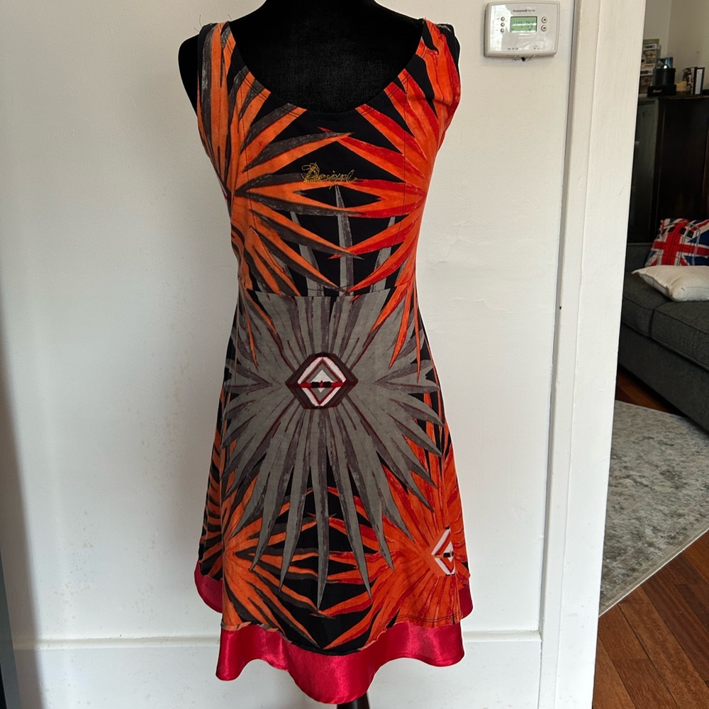 Desigual Black and Orange Sleeveless V-Neck Midi Dress - Picture 3 of 7